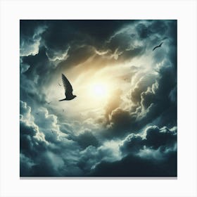 Dark Sky With A Flying Bird Canvas Print