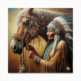 Elderly Native American Woman With Horse 3 Canvas Print