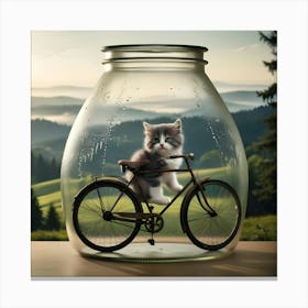 A Serene And Cinematic Photograph Of A Adorable Grey Cat On A Bike In A Glass Jar 1 Canvas Print