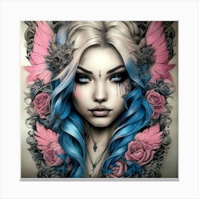 Girl With Blue Hair And Roses Canvas Print