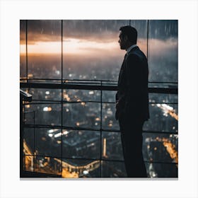 Businessman In Rain Overlooking City Canvas Print