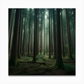 A Deep Forest Where The Trees Are So Densely Packed Together That Barely Any Sunlight Can Reach The Ground Canvas Print