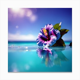 Turquoise Blue Ocean with Purple Hibiscus Flower Canvas Print