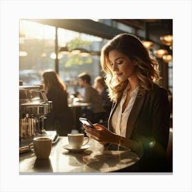 Modern Woman Engages With A Sleek Smartphone At A Bustling Coffee Shop Surrounded By The Hazy Glow (2) Canvas Print