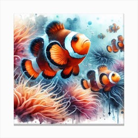 Sea Clownfish In Motion, Sea Clownfish Watercolour Art Print 2 Canvas Print