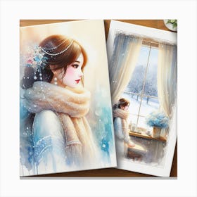 A Snowy and Cozy Watercolor Painting of a Girl with Pearl Earrings and a Scarf, Looking Out of a Window Canvas Print