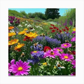 Bees and Butterfly In The Spring Flower Garden Canvas Print