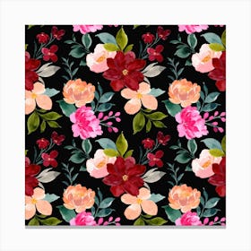 Watercolor Floral Pattern,seamless pattern of colorful watercolor floral on black background Canvas Print