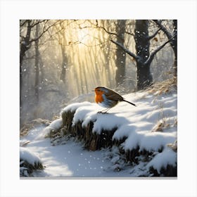 Winter Sun, Robin on the Snowy Bank Canvas Print