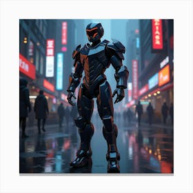 Robo Knight In Futuristic Armor, Standing Guard In A Neon Lit Cityscape 1 Canvas Print