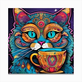 Cat With A Cup Of Tea Whimsical Psychedelic Bohemian Enlightenment Print 4 Canvas Print