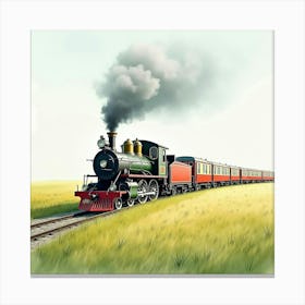 Elegant Old Train Traveling Through A Watercolor Painted Meadow 1 Canvas Print