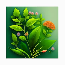 A green background with a flower and a red flower. Canvas Print