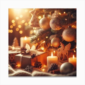 Christmas Tree With Gifts And Candles Canvas Print