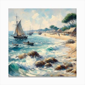 Sailing Ships On The Beach, Acrylic Painting Style Canvas Print