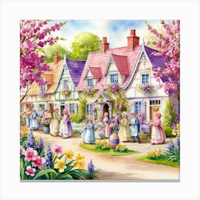 A classic-style watercolor illustration of a village in spring, with happy people, blooming trees and flowers Canvas Print