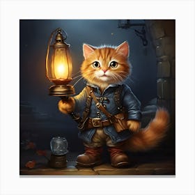 Cat Wearing A Blue Coat And Holding A Lantern Canvas Print