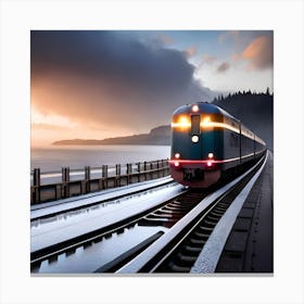 Train On Tracks At Sunset Canvas Print