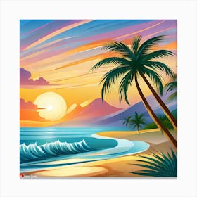 A Serene Beach Sunrise With Coconut And Palm Trees, Gentle Waves. Canvas Print