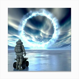 A lone figure in a wintery landscape, standing before a glowing portal. Canvas Print