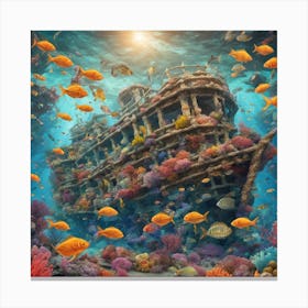 Sunken Ship In A Vibrant Coral Reef Canvas Print