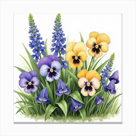 Watercolor Violets And Pansies In A Lush Garden Setting Canvas Print