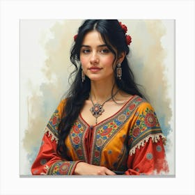 Spanish Woman With Intricate Embroidery, Watercolor With Cultural Patterns 1 Canvas Print