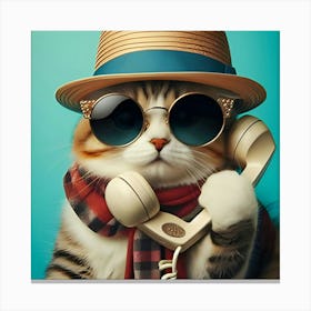 A Cat With A Hat And Sunglasses On Talking On A Phone 3 Canvas Print