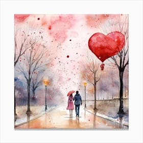 Couple Walking Down The Street With Red Balloon Canvas Print