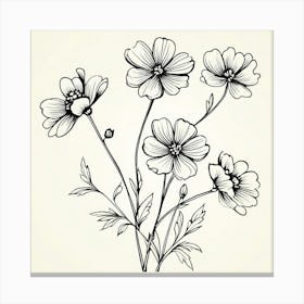 Flowers On A White Background, Single Line Drawing Of The Flowers Pattern , Black And White Flowers Canvas Print