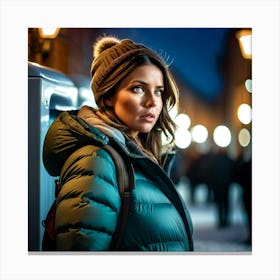 Woman in down jacket, walking in luminous city at night Canvas Print