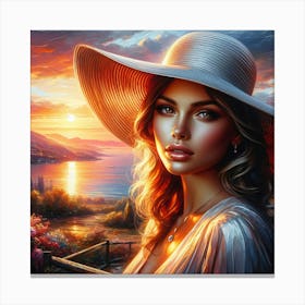 Beauty With Hat Enjoy Coastal Sunset Leinwandbild