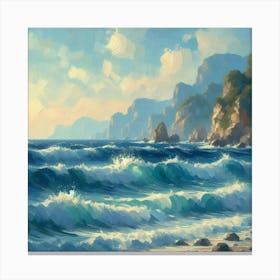 Seashore And Cliff, Acrylic Painting Style Canvas Print