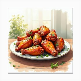 Watercolor Scene Of A Classic And Flavorful Bbq Chicken Wings On A Chic Kitchen Table Canvas Print