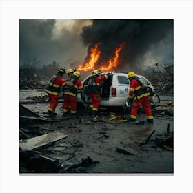 Firefighter Rescues A Car Canvas Print