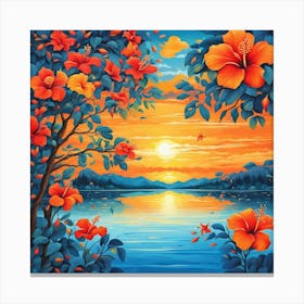 Sunset With Hibiscus Canvas Print