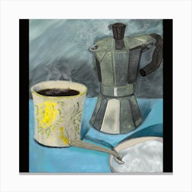 Cup of Steaming Coffee, Moka Machine, Sugar Bowl with Spoon. Digital Painting On Acrylic Base On Paper. Canvas Print