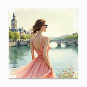 Elegant French Woman By The Seine, Watercolor With Tranquil And Dreamy Colors 1 Canvas Print