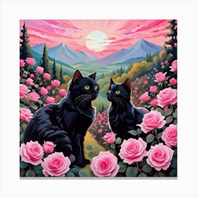 Black Cats In Pink Roses Canvas Print