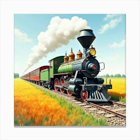 Old Fashioned Locomotive Moving Through A Vibrant Watercolor Field 1 Canvas Print