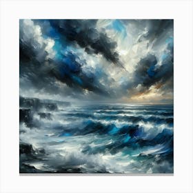 Stormy Sky Over Wild Ocean With Waves, Painting Art Canvas Print