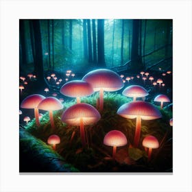 Glowing pink mushrooms of various sizes inhabit a dense forest at night, casting an eerie glow on the surrounding trees and moss-covered ground Canvas Print