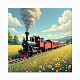 Rustic Train Chugging Through A Blooming Meadow Landscape 1 Canvas Print