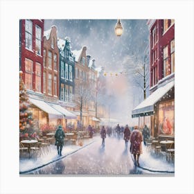 Amsterdam cafes, winter season, Christmas, pale colors, pedestrians in the street, winter clothes, falling snow.16 Canvas Print