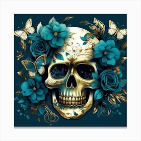 Sugar Skull With Blue Flowers Canvas Print