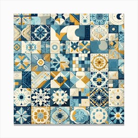 Tile Collage: A Colorful and Mosaic Wall Art Piece with Blue, White, and Yellow Tiles Canvas Print