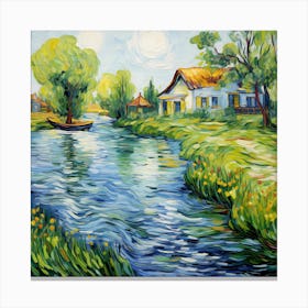 Flourishing Serenity: Brushstrokes of Riverside Bliss Canvas Print