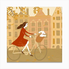 Amsterdam Girl Riding A Bicycle illustartion Canvas Print