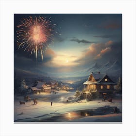 Winter Landscape With Fireworks Canvas Print