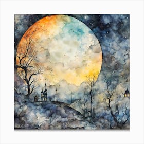 Smooth Water Color Painting of a Full Moon Night in a old medival Village near a Forest Canvas Print